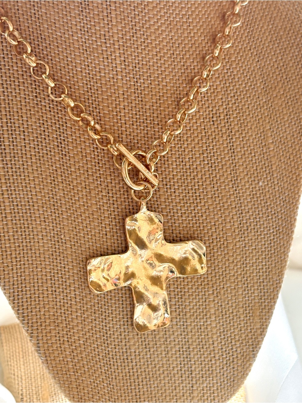 Gold Hammered Cross Pendant Necklace - Women Jewelry